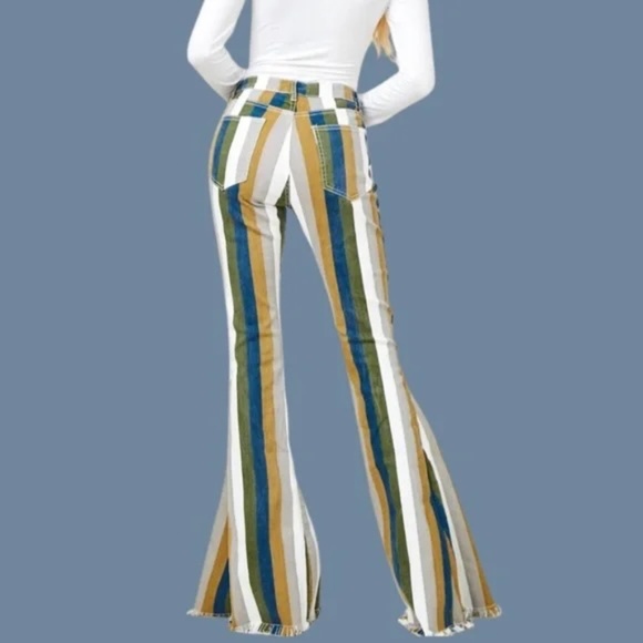Hope Horizon Flair Bell Jeans Womens Sz Medium Stripes Retro 70s Frayed Hem - Picture 6 of 11